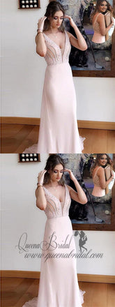 Light Pink Wedding Guest Dresses V Neck Beaded Prom Dresses Evening Gowns, QB0313