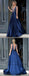 A-line V-neck Beaded Bodice Navy Blue Satin Long Prom Dresses, QB0346