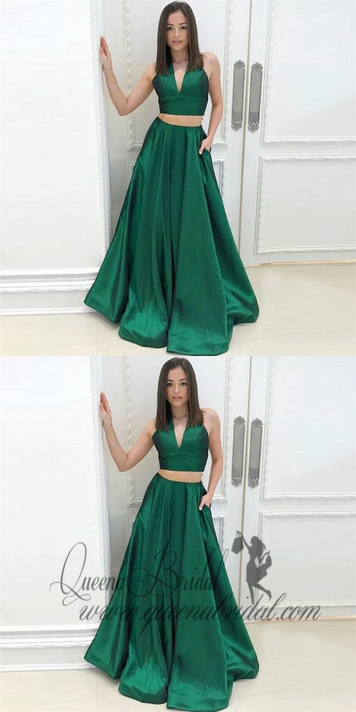 Two Piece A-Line Deep V-Neck Green Satin Prom Dresses with Pockets, QB0243