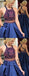 Ball Gown Navy Satin Two Pieces Prom Dresses with Square Neck, QB0304