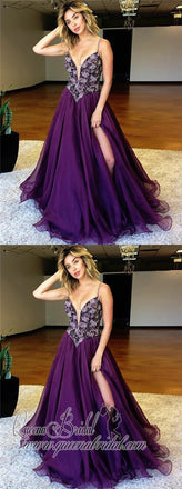 Purple Spaghetti Straps Side Slit Heavily Beaded Long Evening Prom Dresses, QB0380