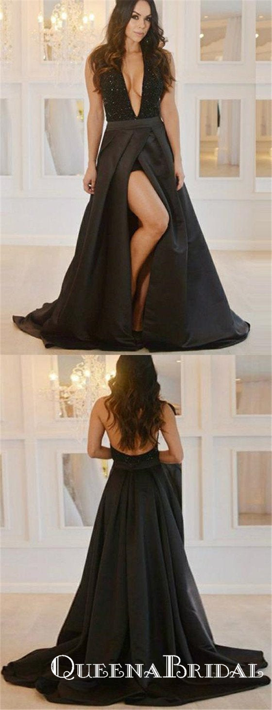 Black High Neck Backless Prom Gown, Black Backless Formal Evening