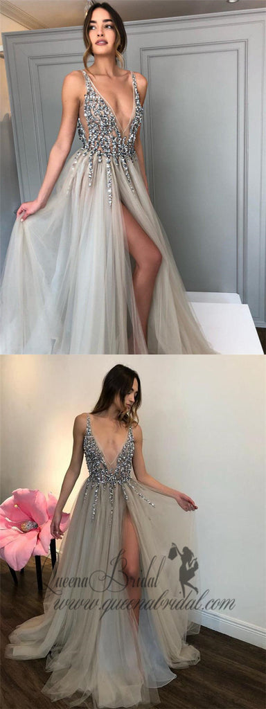 Long Backless Grey Sexy Prom Dresses with Slit Rhinestone See Through Evening Gowns, QB0286
