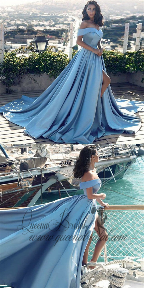 A-Line Off the Shoulder Split Front Light Blue Satin Prom Dresses with QueenaBridal A-Line Off the Shoulder Split Front Light Blue Satin Prom Dresses with QueenaBridal