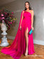 Rose Pink A Line Cape One Shoulder Sexy High Slit Elegant Formal Evening A-line Long Cheap Prom Dresses, PDS0044