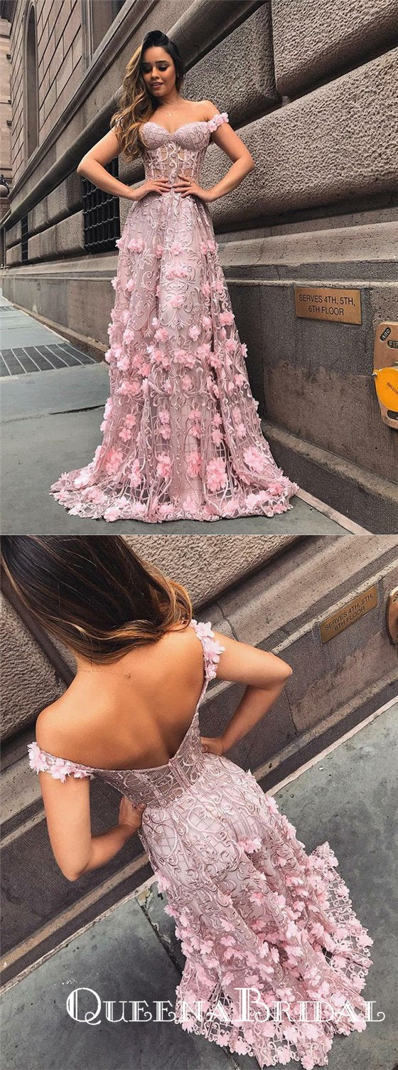 Fancy A-line Blush Off Shoulder Long Prom Dresses with Appliques Lace, QueenaBridal Fancy A-line Blush Off Shoulder Long Prom Dresses with Appliques Lace, QueenaBridal