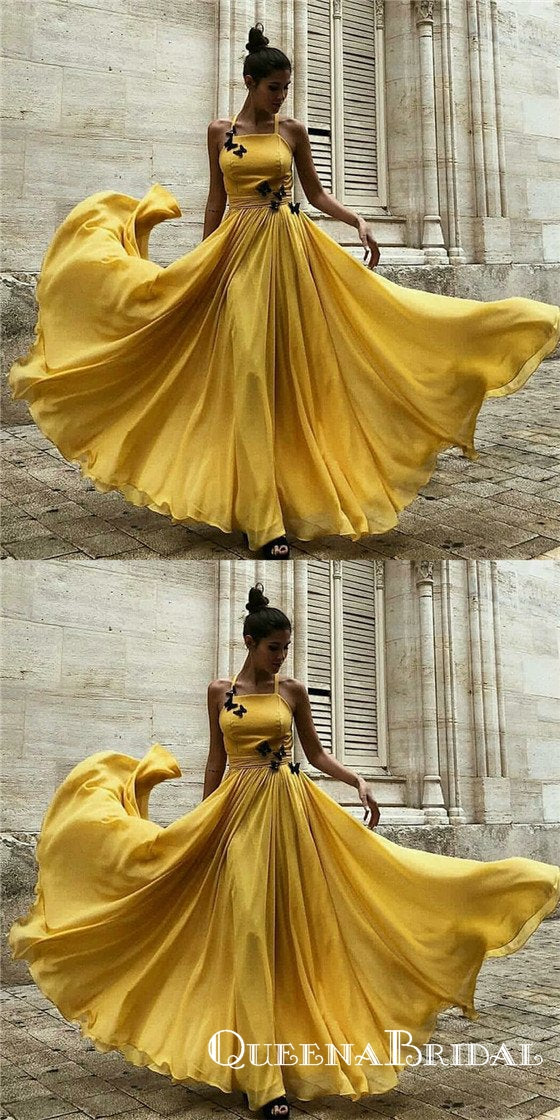 A-Line Halter Long Cheap Yellow Chiffon Prom Dresses with Applique, QB QueenaBridal A-Line Halter Long Cheap Yellow Chiffon Prom Dresses with Applique, QB QueenaBridal
