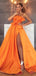 Sexy Strapless Orange Stain A-line Split Long Cheap Prom Dresses, PDS0107