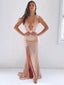 Sexy Deep V-neck Rose Gold Sequin Mermaid Side Slit Cheap Prom Dresses, PDS0096