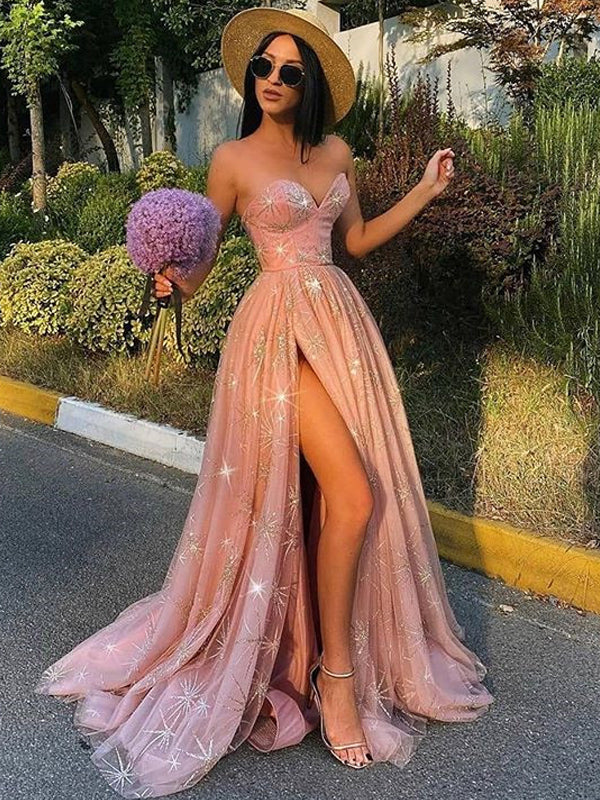Charming Sweetheart Pink Tulle A-line Long Cheap Prom Dresses, PDS0104