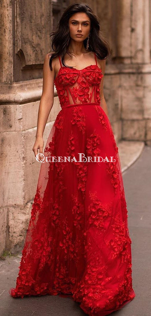 Newest Spaghetti Strap Red Lace A-line Long Cheap Prom Dresses, PDS0099