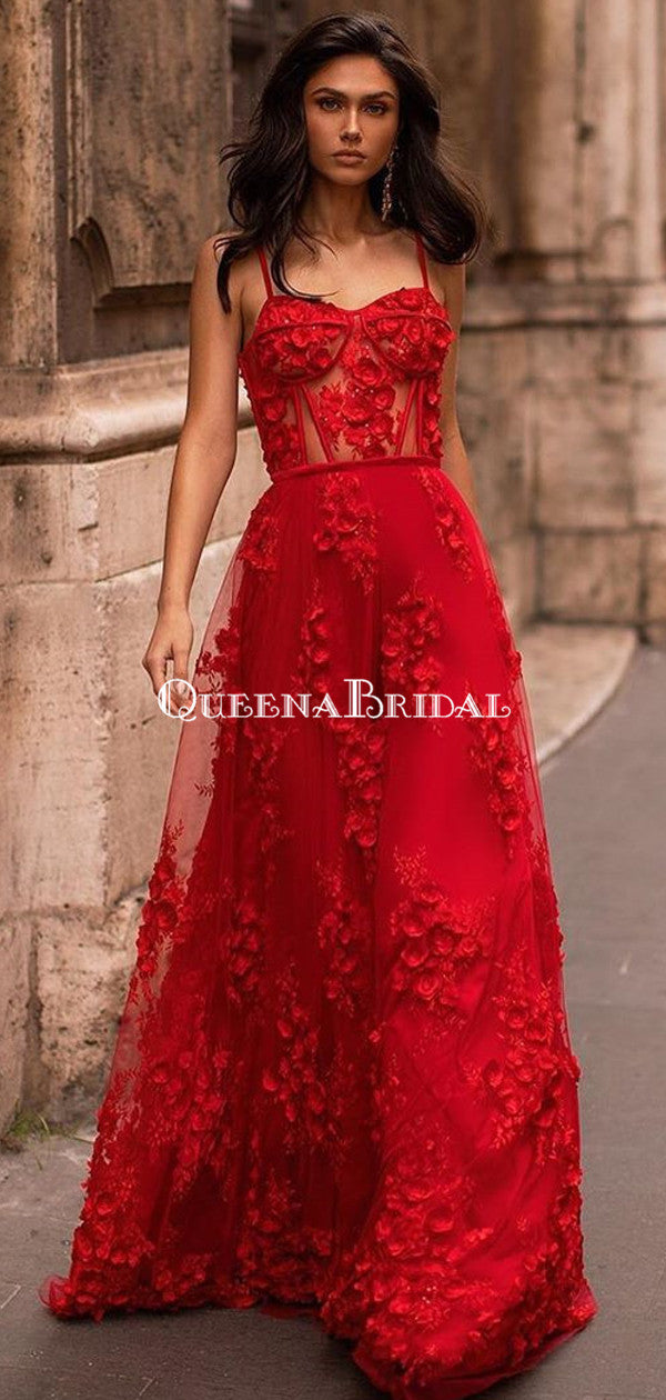 Newest Spaghetti Strap Red Lace A-line Long Cheap Prom Dresses, PDS009 QueenaBridal Newest Spaghetti Strap Red Lace A-line Long Cheap Prom Dresses, PDS009 QueenaBridal