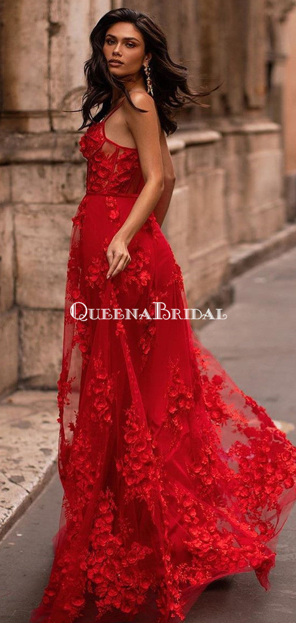 Newest Spaghetti Strap Red Lace A-line Long Cheap Prom Dresses, PDS009 QueenaBridal Newest Spaghetti Strap Red Lace A-line Long Cheap Prom Dresses, PDS009 QueenaBridal