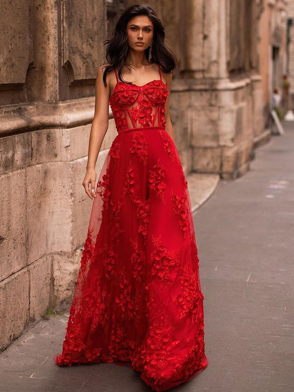 Newest Spaghetti Strap Red Lace A-line Long Cheap Prom Dresses, PDS009 QueenaBridal Newest Spaghetti Strap Red Lace A-line Long Cheap Prom Dresses, PDS009 QueenaBridal