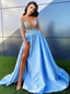 Elegant Illusion Neckline Long Sleeves Blue Satin A-line Long Cheap Prom Dresses, PDS0100