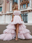 High Low Newest Strapless Pink Tulle A-line Long Cheap Prom Dresses, PDS0091