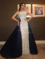 Unique Strapless Silver Sequin With Navy Satin A-line Long Cheap Prom Dresses, PDS0093