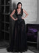 A-line Black V-neck Lace Long Cheap Evening Party Prom Dresses, PDS0095
