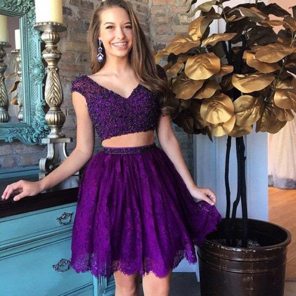 Two Piece V-Neck Beading Purple Short Cheap Homecoming Dresses with Lace, QB0183