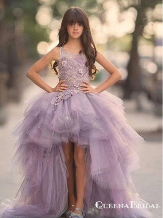 A-Line Spaghetti Straps Lavender High Low Flower Girl Dresses with Appliques, QB0823