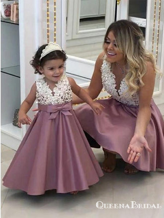 A-Line V-Neck Sleeveless Purple Floor Length Flower Girl Dresses With Applique, QB0829