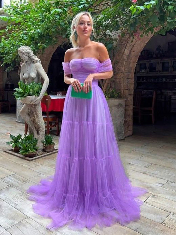Simple Purple A-line Off Shoulder Maxi Long Evening Prom Dresses, WGP260