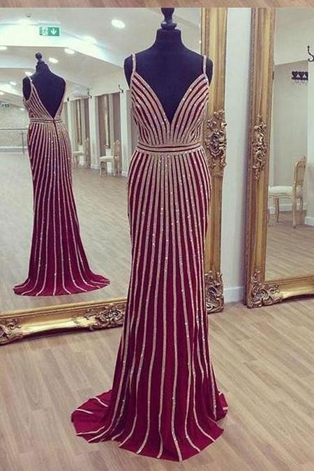Sexy Red Spaghetti Strap V-neck Long Cheap Prom Dresses With Beaded, QB0560