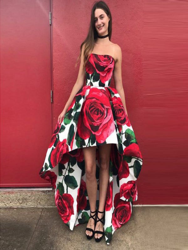 red and black high low prom dress High Low Satin Skirt: Black & Red Formal Ball Gown, Custom Made