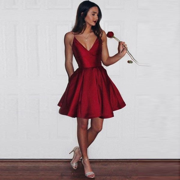 Simple Spaghetti Straps Short Dark Red Satin Homecoming Dresses with Pockets, QB0041
