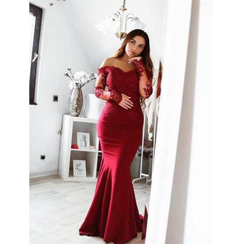 Long Sleeve Lace Mermaid Burgundy Long Bridesmaid Dresses Online, WG29 QueenaBridal Long Sleeve Lace Mermaid Burgundy Long Bridesmaid Dresses Online, WG29 QueenaBridal