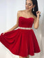 Scoop Red Simple Pearls Beaded Belt Cheap Short Homecoming Dresses Online, CM593