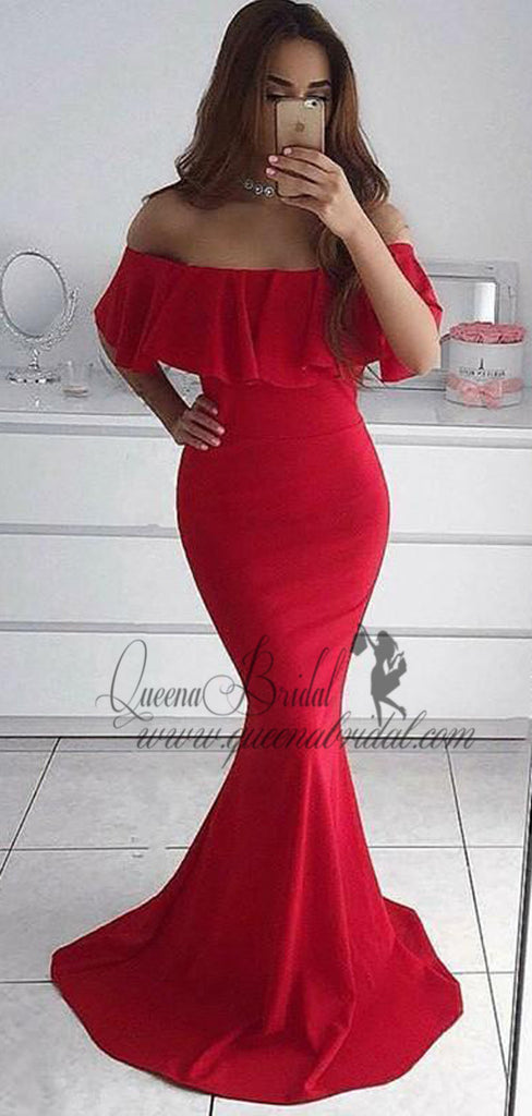 2019 Simple Red Off Shoulder Long Evening Prom Dresses, QB0452