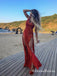 Sexy Mermaid Red V Neck  Long Cheap Prom Dresses With Side slit, QB0631