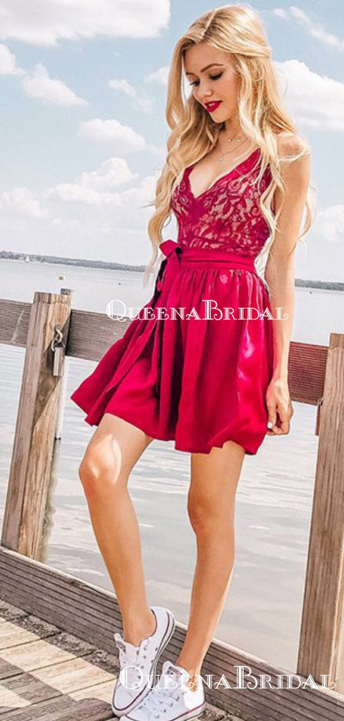 Sexy V-neck Red A-line Short Cheap Party Homecoming Dresses, HDS0025