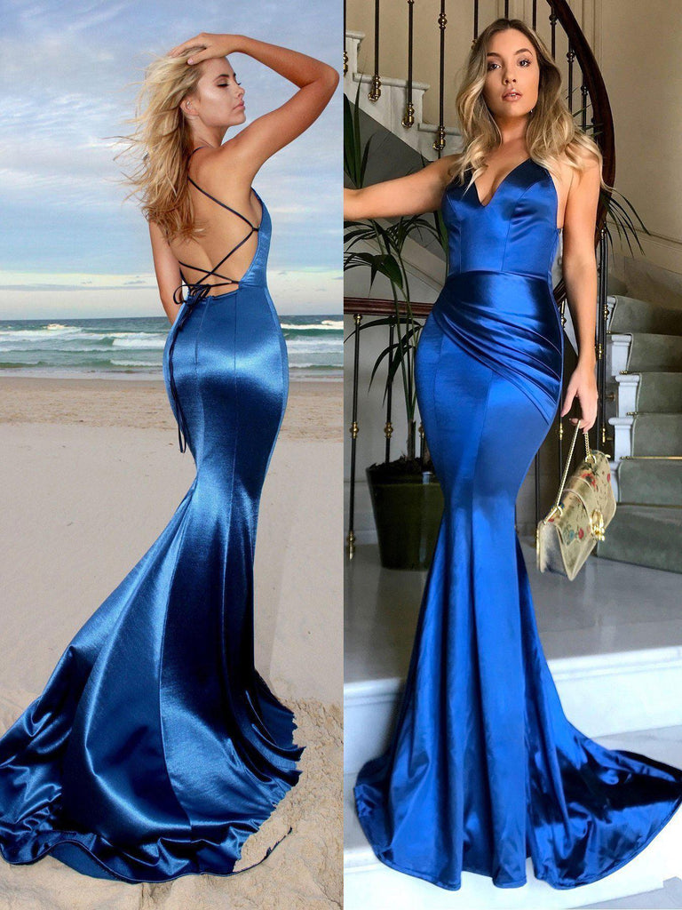 Royal Blue Long Mermaid Evening Gowns Backless V Neck Court Train Prom Dresses, QB0285