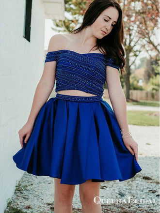 Two Piece Off-the-Shoulder Royal Blue Homecoming Dresses with Beading, QB0867