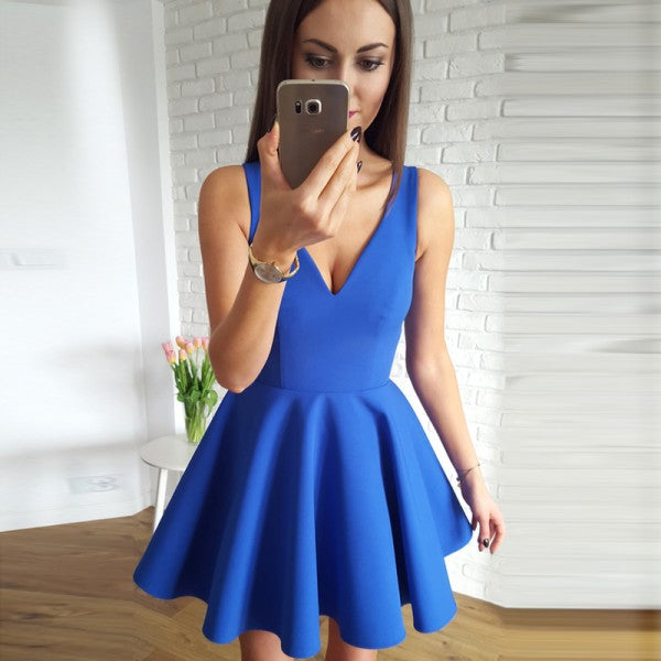 Simple A-Line V-Neck Short Royal Blue Short Cheap Homecoming Dresses, QueenaBridal Simple A-Line V-Neck Short Royal Blue Short Cheap Homecoming Dresses, QueenaBridal