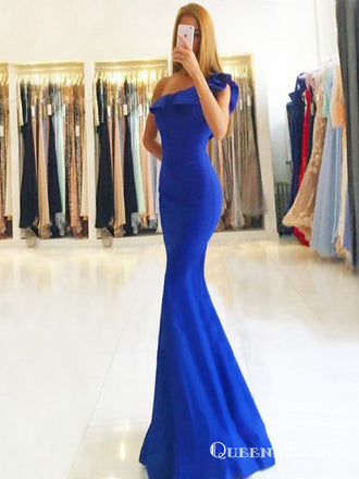 Mermaid One Shoulder Floor-Length Royal Blue Satin Prom Dresses with Ruffles, QB0254