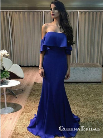 Sheath Sweetheart Neck Royal Blue Long Cheap Prom Dresses with Ruffles, QB0738