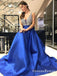 A-Line V-Neck Long Cheap Royal Blue Satin Prom Dresses With Beaded, QB0684