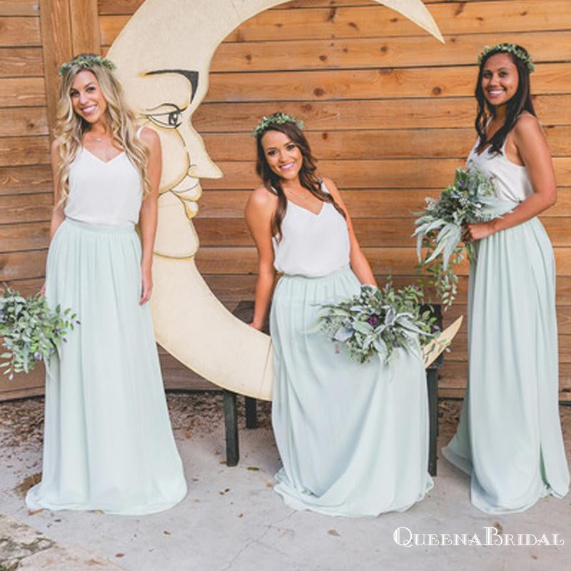 Two Piece White and Sage Chiffon Long Cheap Bridesmaid Dresses, QB0879 QueenaBridal Two Piece White and Sage Chiffon Long Cheap Bridesmaid Dresses, QB0879 QueenaBridal