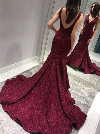 2019 Sexy Backless Maroon Sequin Mermaid Long Evening Prom Dresses, QB0433