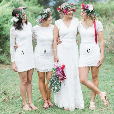 Mismatched Tight Short White Lace Cheap Bridesmaid Dresses Online, QB0126