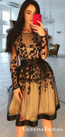 Charming A-line Bateau Long Sleeves Black Appliqued Short Cheap Homecoming Dresses, QB0907