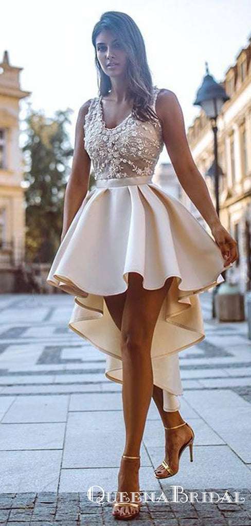 High Low V-neck Cheap Champagne Homecoming Dresses With Appliques, QB0893