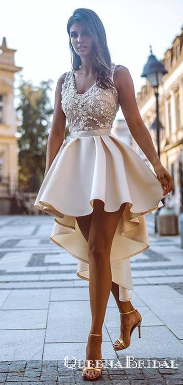 High Low V-neck Cheap Champagne Homecoming Dresses With Appliques, QB0 QueenaBridal High Low V-neck Cheap Champagne Homecoming Dresses With Appliques, QB0 QueenaBridal