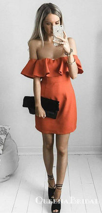 A-Line Off-the-Shoulder Short Orange Satin Cheap Homecoming Dresses with Ruffles, QB0903