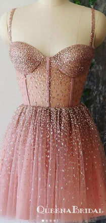 Cute A Line Sweetheart Pink Short Homecoming Dresses With Sequins, QB0896