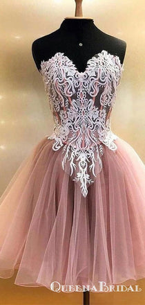 Cute Sweetheart Sleeveless Short Tulle Homecoming Dresses With Applique, QB0885