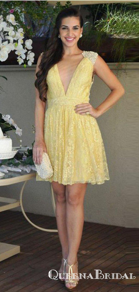 Charming A-Line Deep V-Neck Yellow Lace Beaded Backless Short Cheap Homecoming Dresses, QB0901